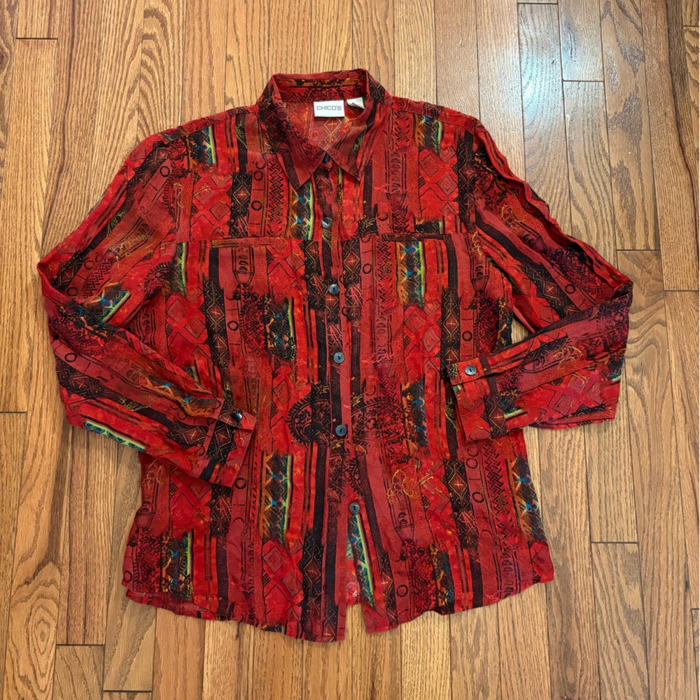Vintage Chico's Silk Blend Red Patterned Button Down Top Blouse Y2K 90s